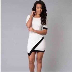 White & Black Asymmetrical Mid Sleeve Mini Dress